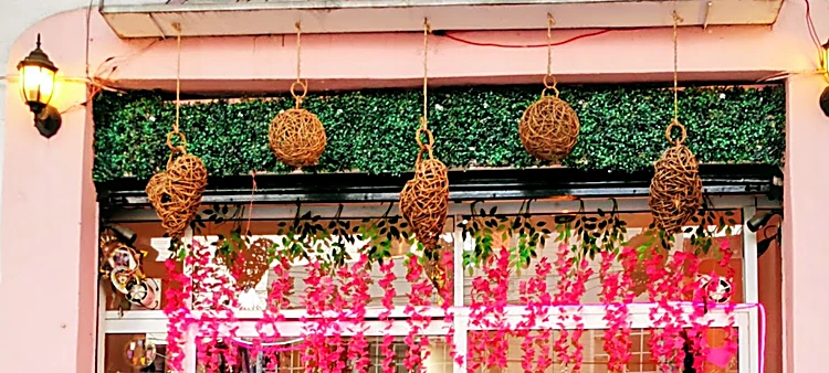 Fachada rosa del salón: seto verde, esferas de ratán colgando y glicinas fucsia sobre la ventana